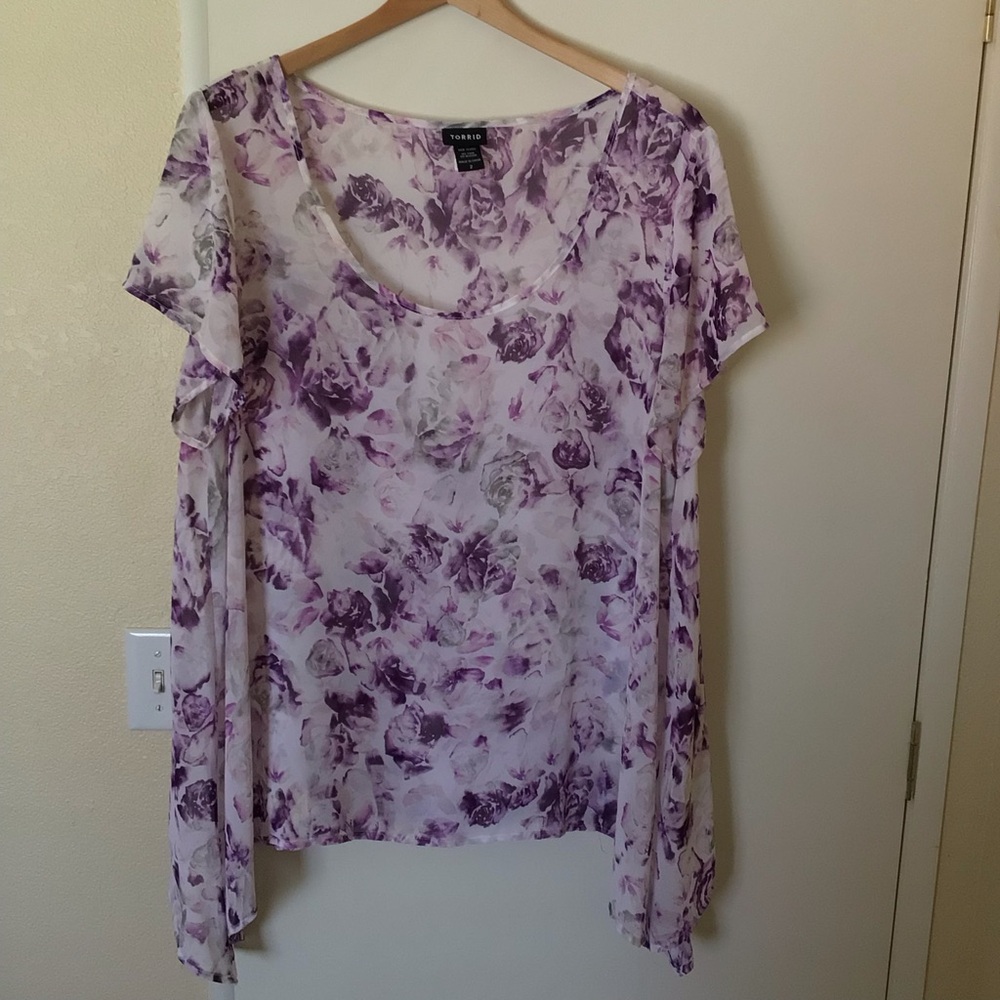 Torrid Whimsicore Boho Blouse Chiffon Sheer Top Purple Floral Watercolor Sz 2X